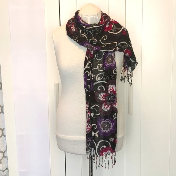 Black Pink and Purple Floral Print Sheer Scarf - Picture 1 of 2